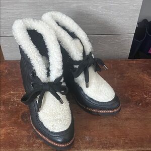 Fabianelli Italian Black Wedge Lace-Up Bootie with Faux Fur Sherpa Trim, EU 37